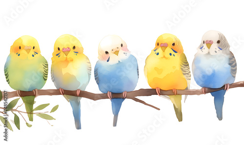 Cute budgerigars collection, Watercolor illustration, Generative AI  photo