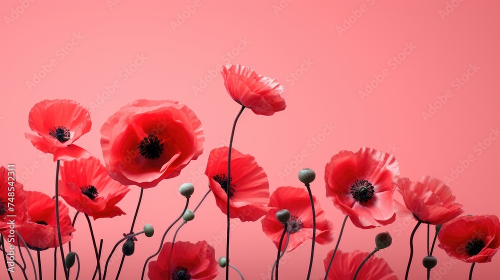 Obraz premium Beautiful red flowers on a pink background. Abstract layout of a colored frame with space for text. An invitation to a wedding. The concept of International Women's Day, Mother's Day.