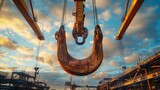  A Massive Overhead Crane Hook Suspended in Mid-Air at a Bustling Industrial Site