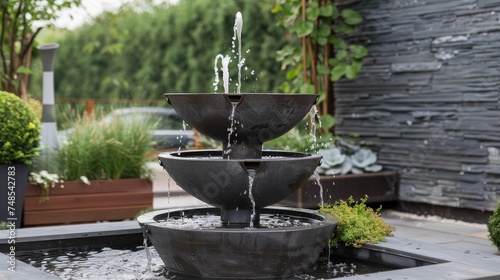 A modern fountain with multiple tiers adding a touch of elegance to any outdoor space