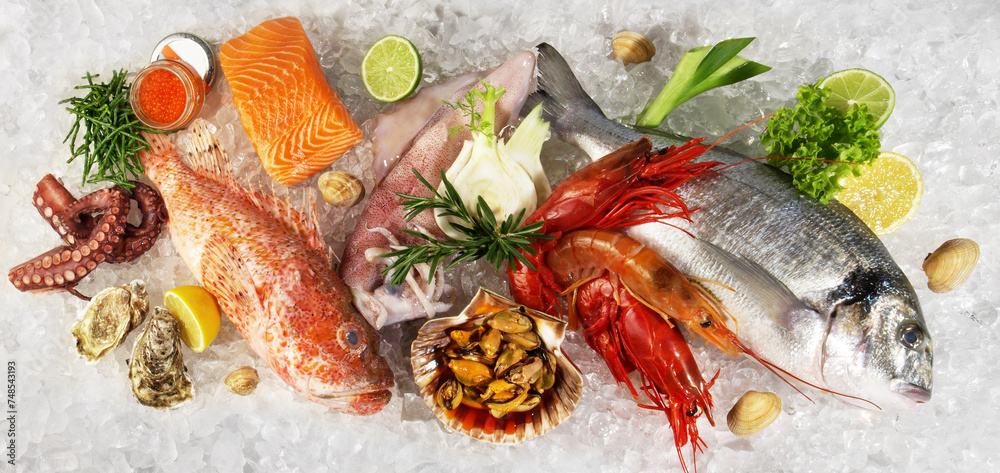 Fish and Sea Food on Ice with Sea Weed, Caviar, Mussels, Oysters and Vegetables isolated on white Background - Banner