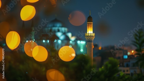  A mosque's minaret lit up during the night in Ramadan, Ramadan, blurred background