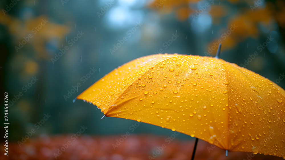 Close up, yellow umbrella under rainfall against a background of autumn leaves. Concept of rainy weather. Neural network generated image. Not based on any actual scene or pattern.
