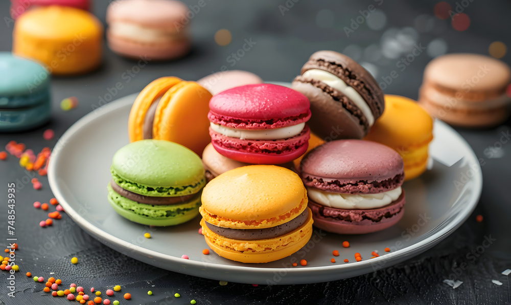 Plate with tasty macarons on table served for party,Generative AI Plate with tasty macarons on table served for party,Generative AI