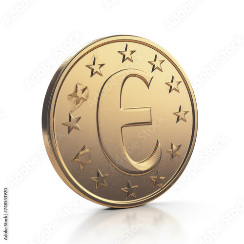 A 3D-rendered gold Euro coin with EU stars isolated on white.