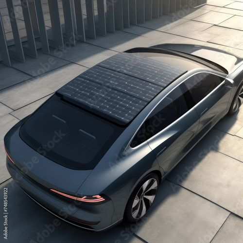 Sleek electric car with integrated solar panels on roof, parked