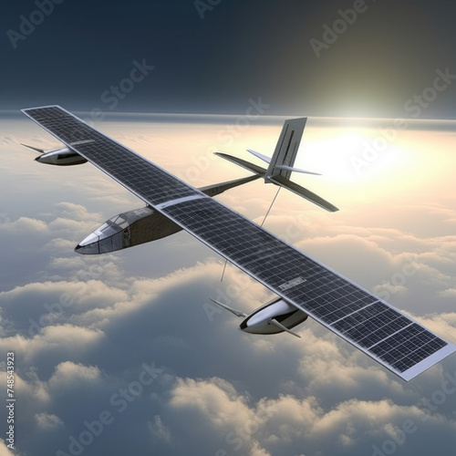 A solar-powered aircraft ascends into the glowing sunset sky.