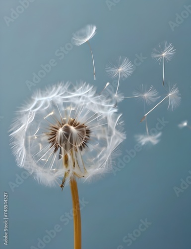 Dandelion fluff background for aesthetic minimalism style background. Light blue color wallpaper with elegant and light flying fluffs on empty wall. Fragile  lightweight Generative AI