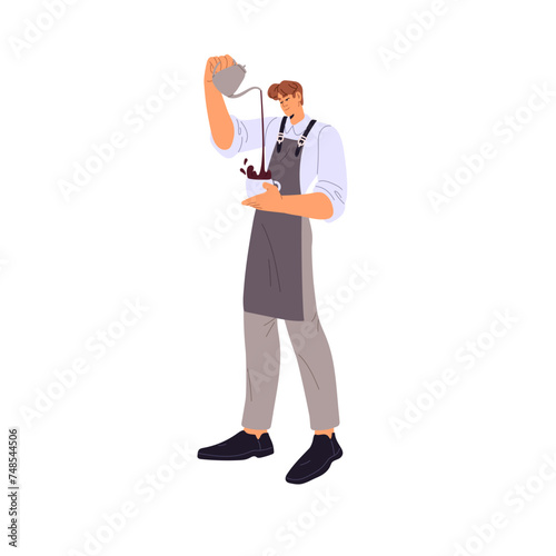 Professional barista makes coffee. Coffeeshop worker prepare beverage. Young man in apron pours hot drink from kettle, pot into cup. Guy work in coffeehouse. Flat isolated vector illustration no white