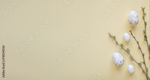 Beautiful Easter eggs and tree branches on light background with space for text