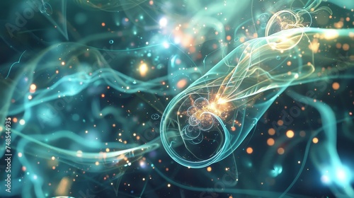 A quantum physics concept with atoms and subatomic particles colliding