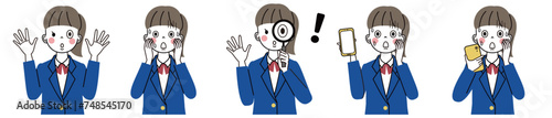 びっくりしている表情の女子高校生　いろんな表情んイラストセット