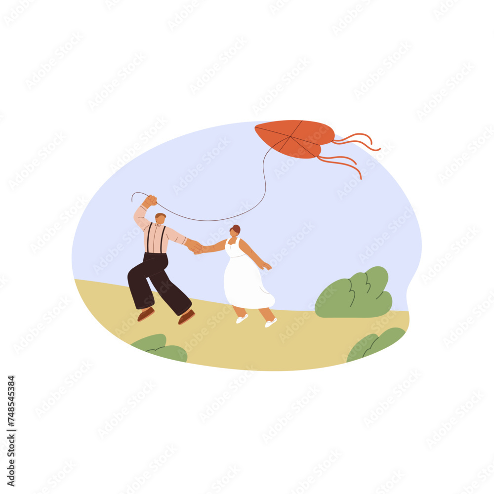Married couple holds hands, runs together. People wedding, flying kite in park. Toy with heart shape soaring in the sky. Happy marriage concept. Flat isolated vector illustration on white background