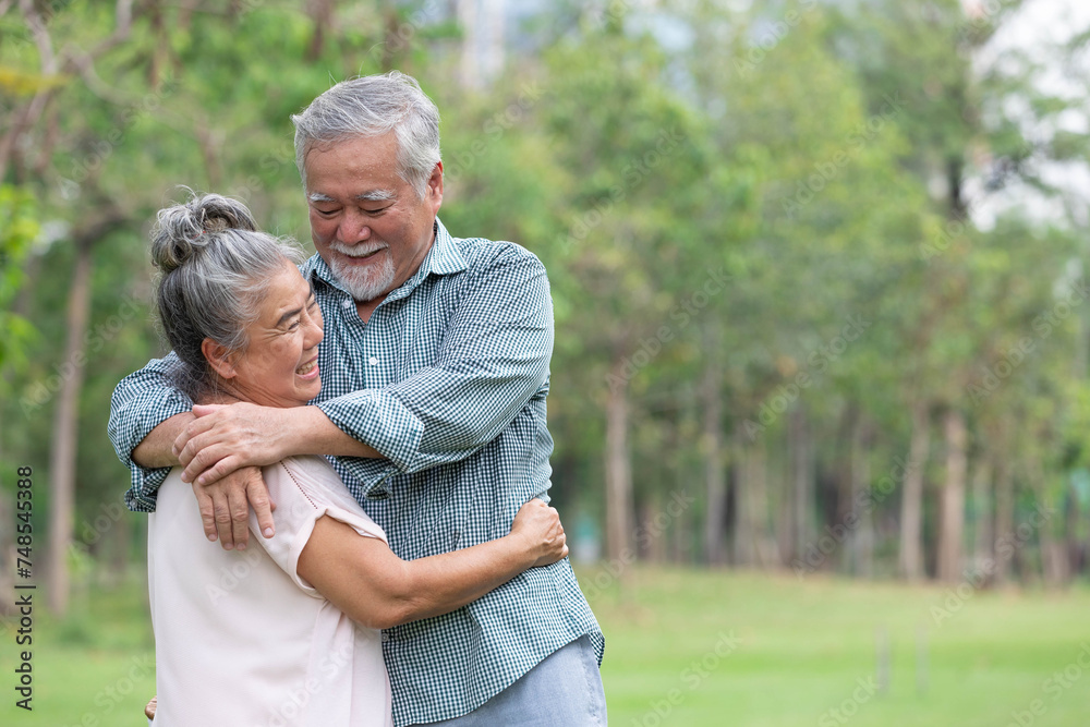 senior couple in love, embracing and hugging each other in the park