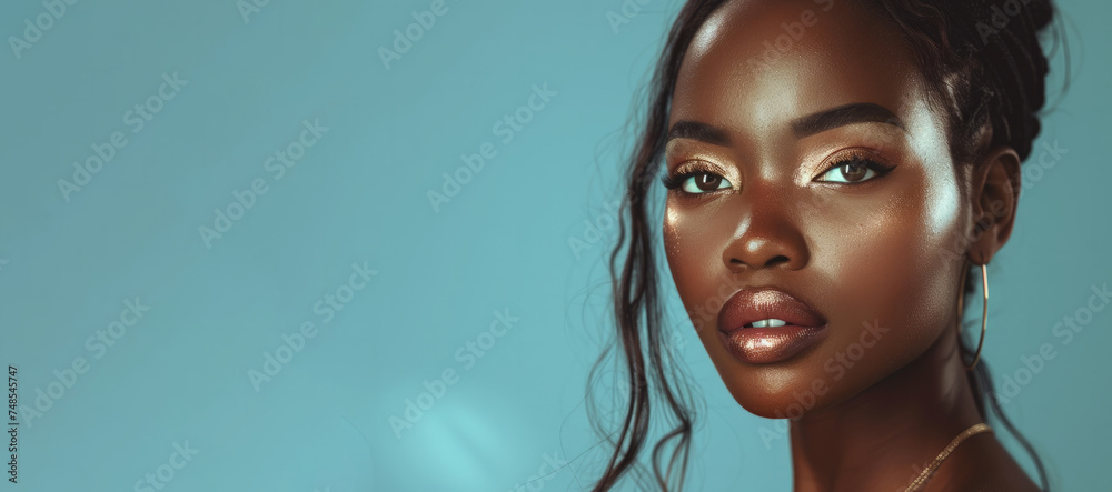 Africa model fashion, beautiful female with makeup style touch face perfect skin, natural beauty glowing smooth skin, Facial treatment, Cosmetology, plastic surgery concept. Banner in blue background