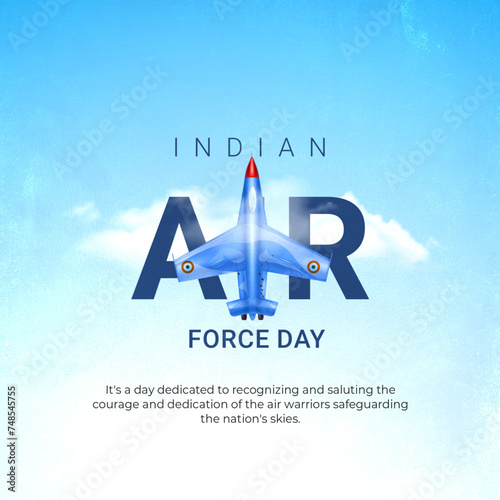 Indian Air Force Day card with a blue background, featuring aircraft silhouettes. Celebrates the bravery and dedication of the Indian Air Force with a message of honor and patriotism