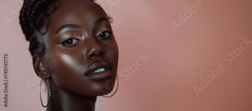 Africa model fashion, beautiful female with makeup style touch face perfect skin, natural beauty glowing smooth skin, Facial treatment, Cosmetology, plastic surgery concept. Banner in pink background © Nataliia_Trushchenko