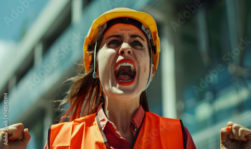 man smart brunette girl civil worker in helmet and vest yelling