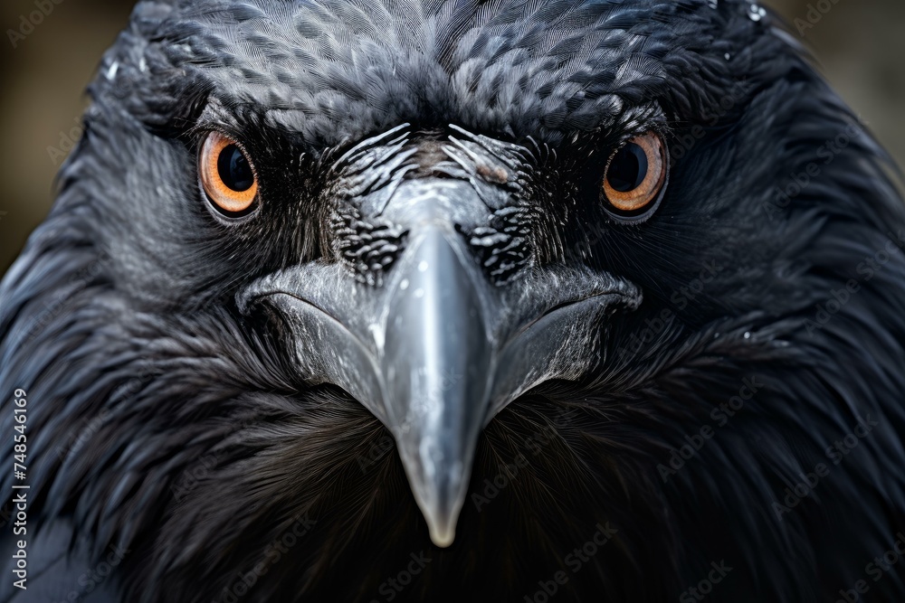 Fototapeta premium Lustrous Raven closeup. Animal sky horror. Generate Ai