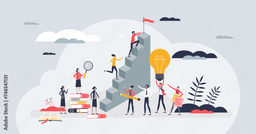 © VectorMine - Personal growth and progress with potential success tiny person concept. Personality development with goal achievement and climbing career stairs vector illustration. Effective leadership team work.