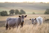 beautiful cattle in Australia  eating grass, grazing on pasture. Herd of cows free range beef being regenerative raised on an agricultural farm. Sustainable farming of food crops. Cow in field
