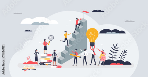 Personal growth and progress with potential success tiny person concept. Personality development with goal achievement and climbing career stairs vector illustration. Effective leadership team work.