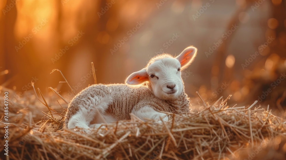 Obraz premium A young lamb is lying on top of a stack of hay, looking cozy and comfortable