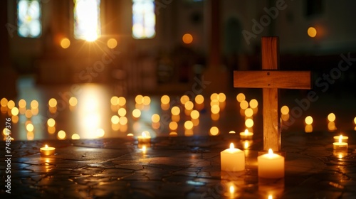 A bunch of lit candles casting warm light in front of a wooden cross