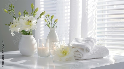 A white table is adorned with white vases filled with colorful flowers in a tranquil spa setting