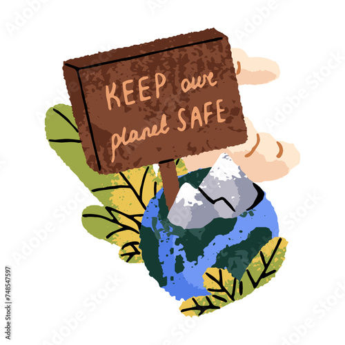 Preservation of eco friendly environment. Sustainable protection of nature, save ecology. Globe with sign of keep planet safe. Earth day concept. Flat isolated drawing vector illustration on white