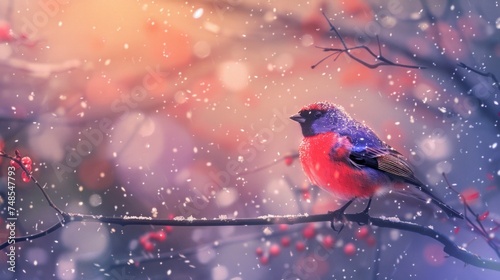 A red and blue bird perched on a tree branch © tashechka