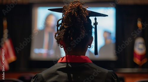  A student's reflection on a computer screen showing an online graduation ceremony