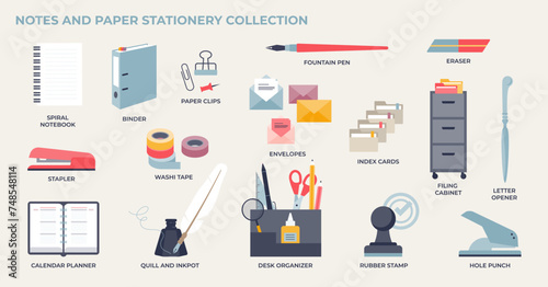Notes and paper stationery for office and workspace tiny collection set. Labeled elements with spiral notebook, binder, paper clips and desk organizer vector illustration. Office items for work.
