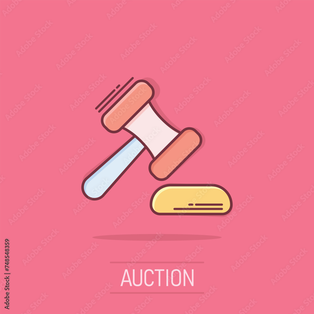 Auction hammer icon in comic style. Court sign cartoon vector illustration on isolated background. Tribunal splash effect business concept. Auction hammer icon in comic style. Court sign cartoon vector illustration on isolated background. Tribunal splash effect business concept.