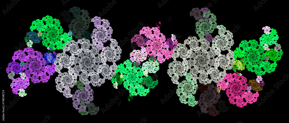 Abstract fractal colorful lace pattern of spirals on a black background. 3D rendering. 3D illustration.