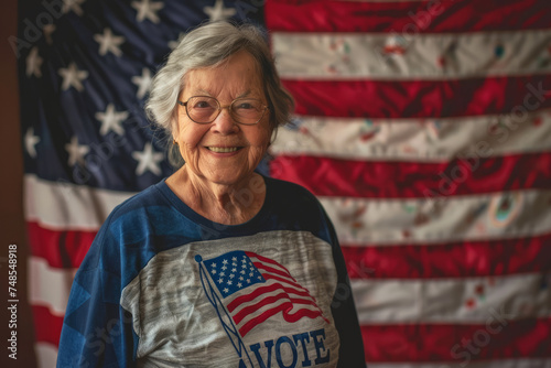 A senior female USA American election voter portrait in front of American flag photo