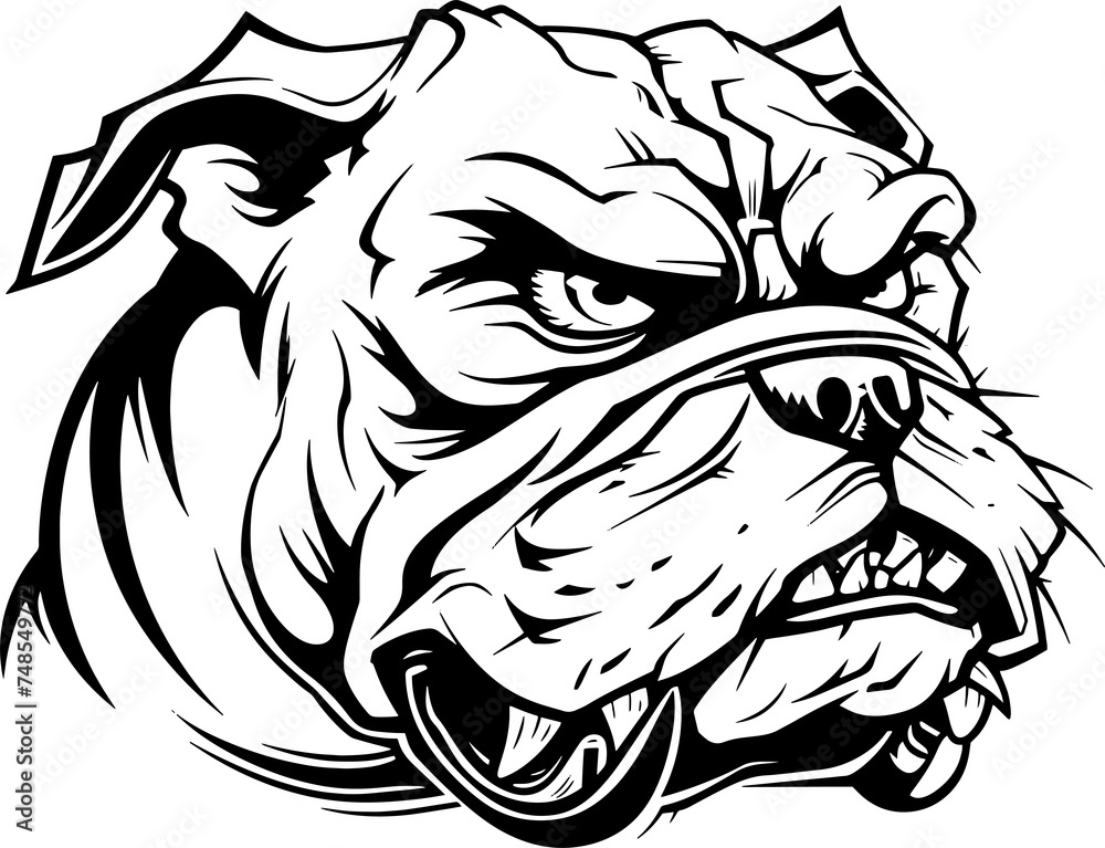 Aggressive Bulldog Mascot Black and White Illustration,  PNG Transparency