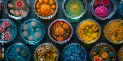 Diverse Microbial Cultures Thriving In Petri Dishes, Creating Colorful Scientific Display