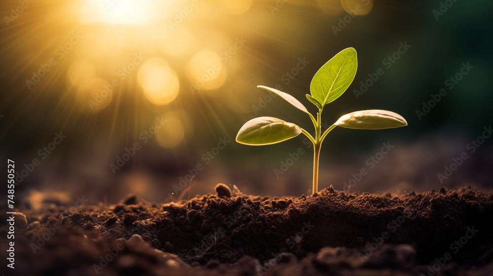Young plants are sprouting in the soil as daylight breaks. Earth day, New beginnings, World environment day, Ecology, Green business, Net Zero, Finance and saving money for sustainability investment. - obrazy, fototapety, plakaty 