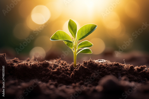 With the morning light, seedlings are beginning to grow from the soil. Earth day, World environment day, Ecology, Green business, Finance and saving money for sustainability investment.