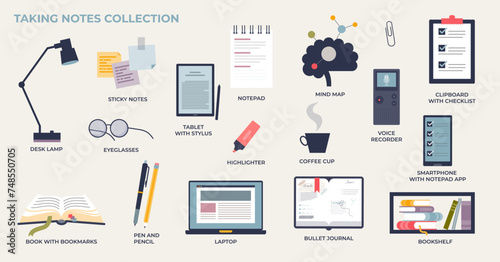Taking notes and writing work or study memos to remember tiny collection set. Elements about reminders, business plan or sticky notes for important or urgent task time management vector illustration.