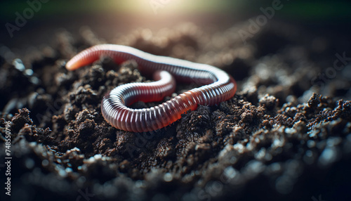 a single earthworm on dark fertile soil. The image is a close-up, highlighting the segmented body