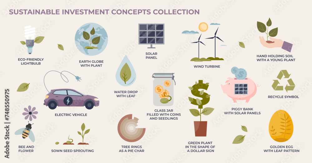 Sustainable investment and green energy business tiny person collection set. Labeled elements with alternative power sources, effective electricity usage and environmental profit vector illustration.