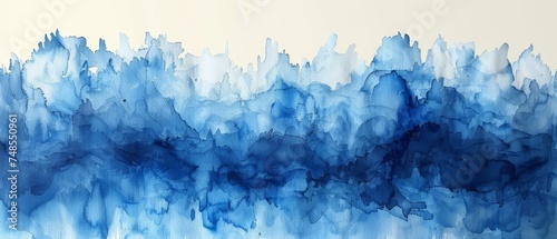 An abstract painting of blue ink strokes on watercolor paper. A flat kind of brush stroke. photo