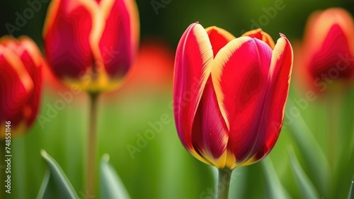Flowers of red tulips in close-up on the background of a field.