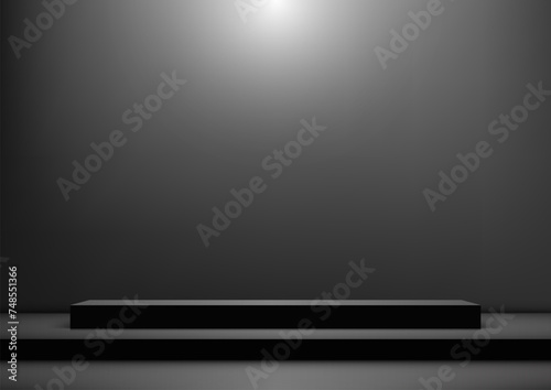 3D podium mockup features a black stage with a spotlight on a dark background
