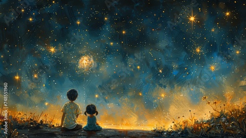 In this cute scene, two children sit together on the roof watching the stars. The boy and girl make a wish when they see a shooting star.
