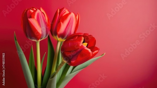 Bouquet of red tulips on red background. Space for text, free space.