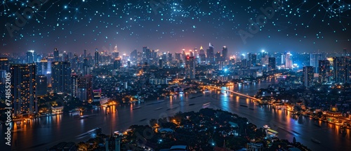 Night scene with a panorama aerial view of the cityscape and skyline, smart services, icons, network infrastructure, and augmented reality concept.