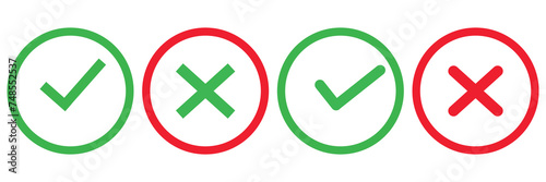 Checkmark x mark icon. Green checkmark and red x sign. Correct error vector symbol isolated on white background. Vote checkmark in circle and square box. photo